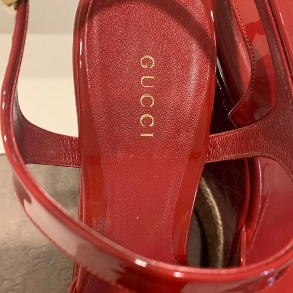 Gucci Red Hollie Patent Leather Platform Vernice Crystal Rose Bed Wedges - Picture 9 of 10